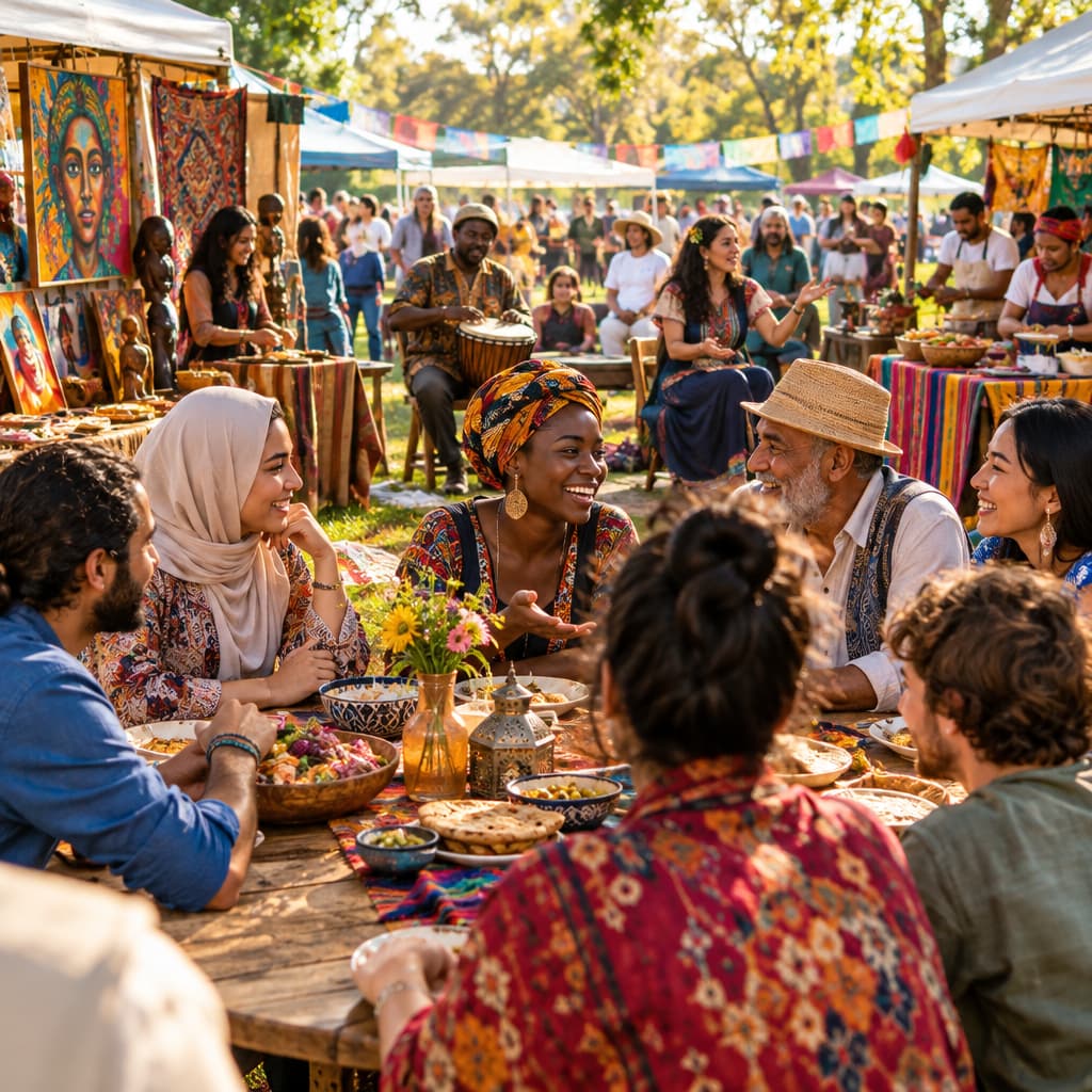 A colorful community festival with diverse cultural elements symbolizing unity through empathy.