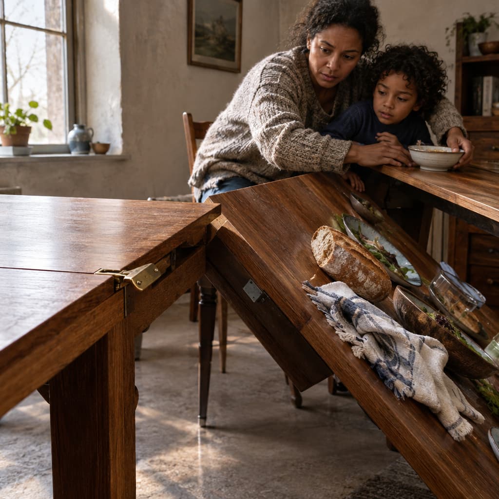 A narrow wooden extension presses a latch at the end of a dining table as a much larger section tips downward, carrying plates and bread with it. An adult draws a child back and holds their bowl on the remaining level surface.
