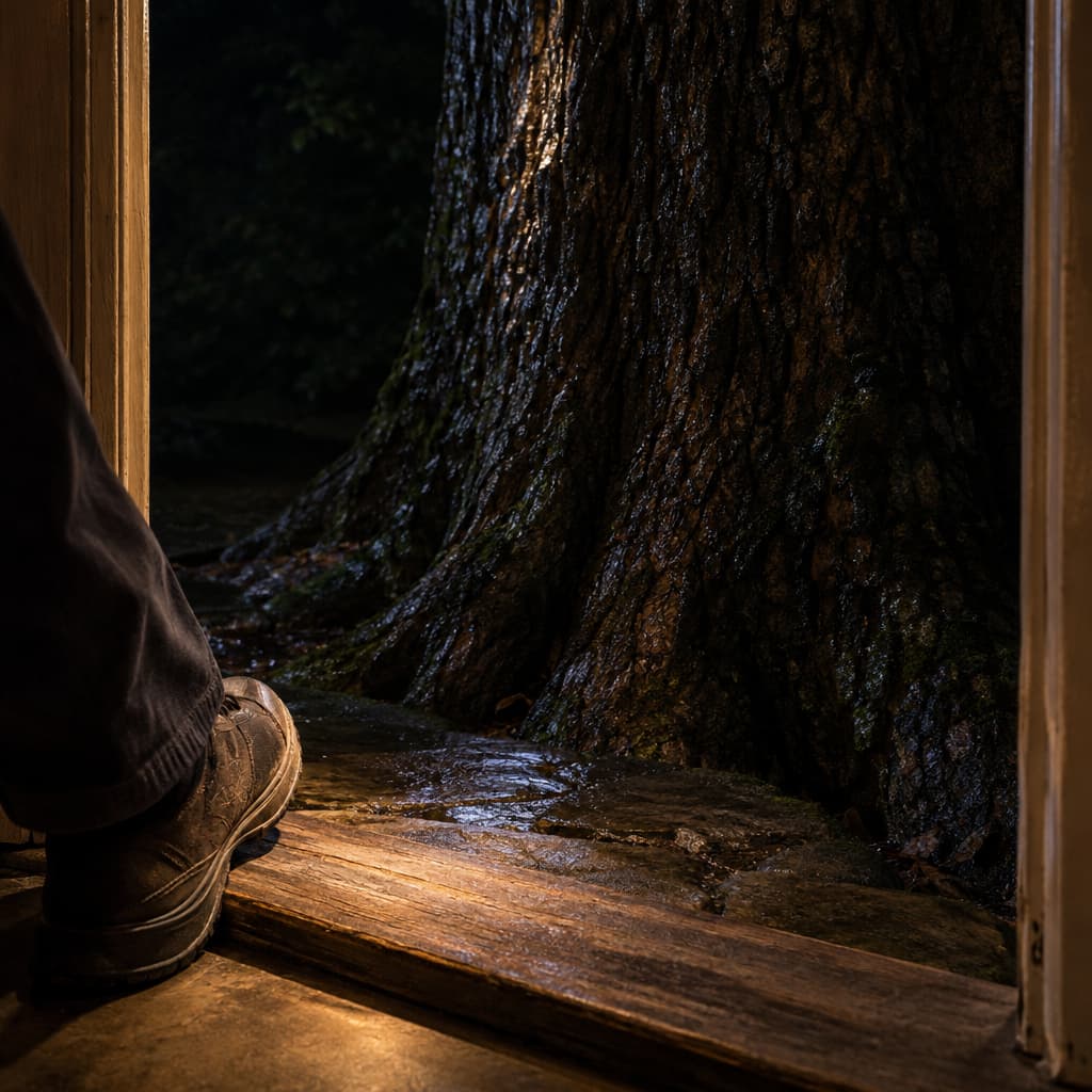 Seen from floor level inside an open doorway, a worn shoe crosses a softly lit sill. An enormous tree trunk stands just outside beside the step, its wet bark barely catching the light while most of it remains dark.