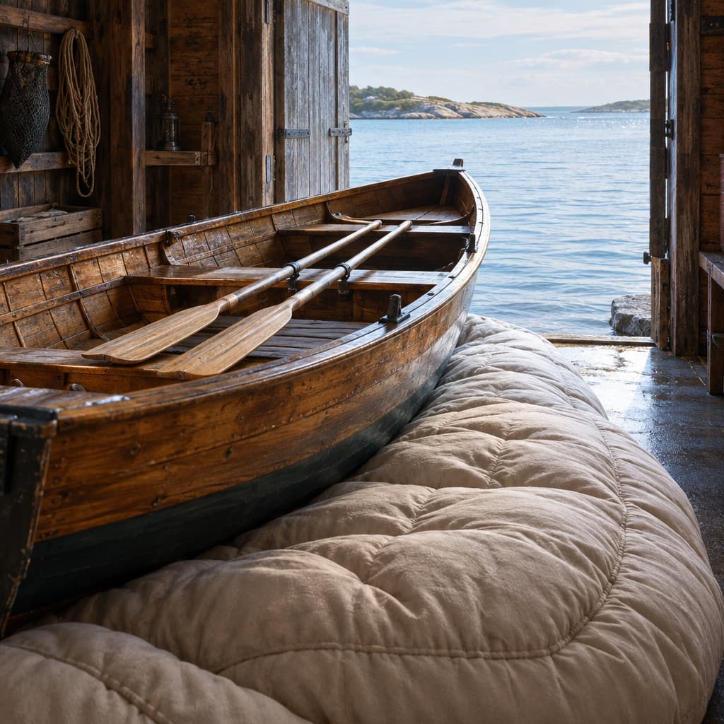 An intact wooden rowboat rests in an enormous quilted cushion inside a boathouse, its bow pointing toward an open doorway and the water beyond.