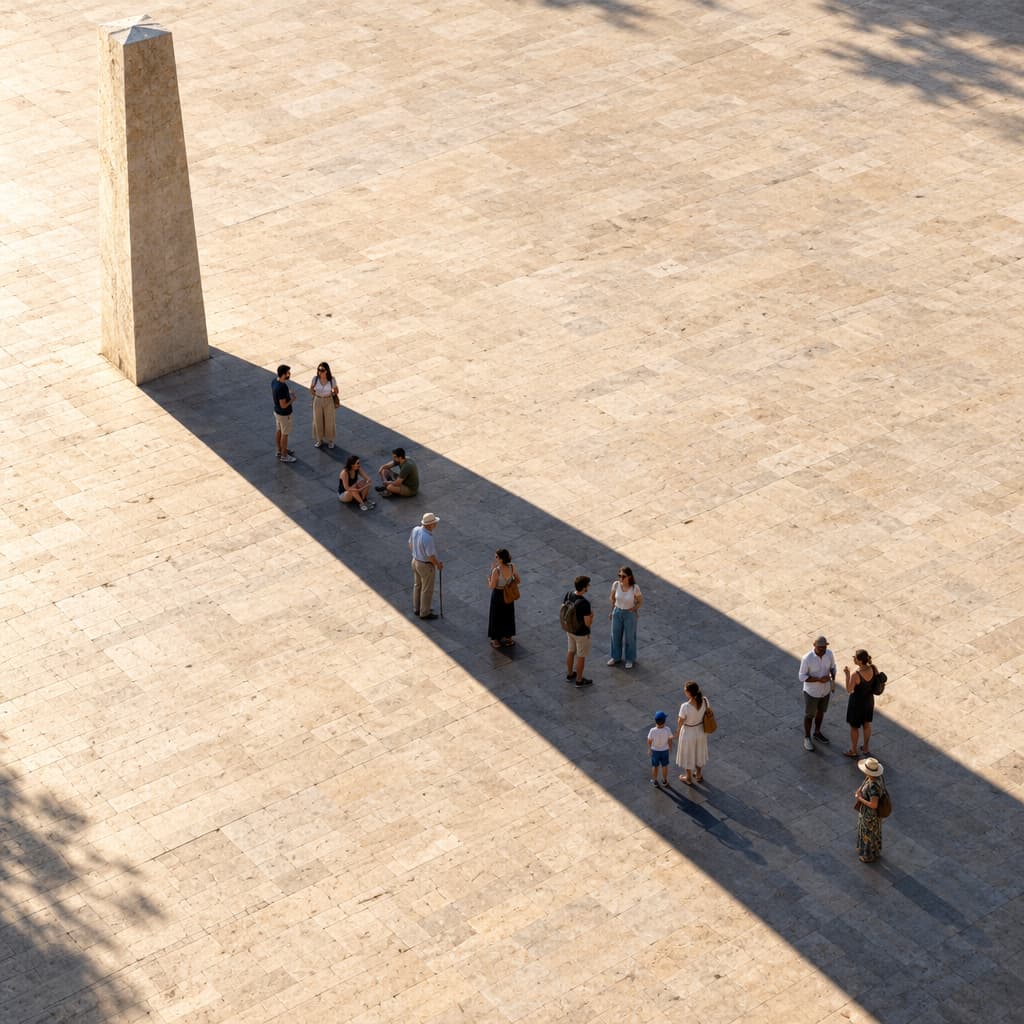 A tall freestanding stone fin casts a long, narrow shadow across a sunlit square. People gather along the shaded strip, while most of the open paving remains empty.