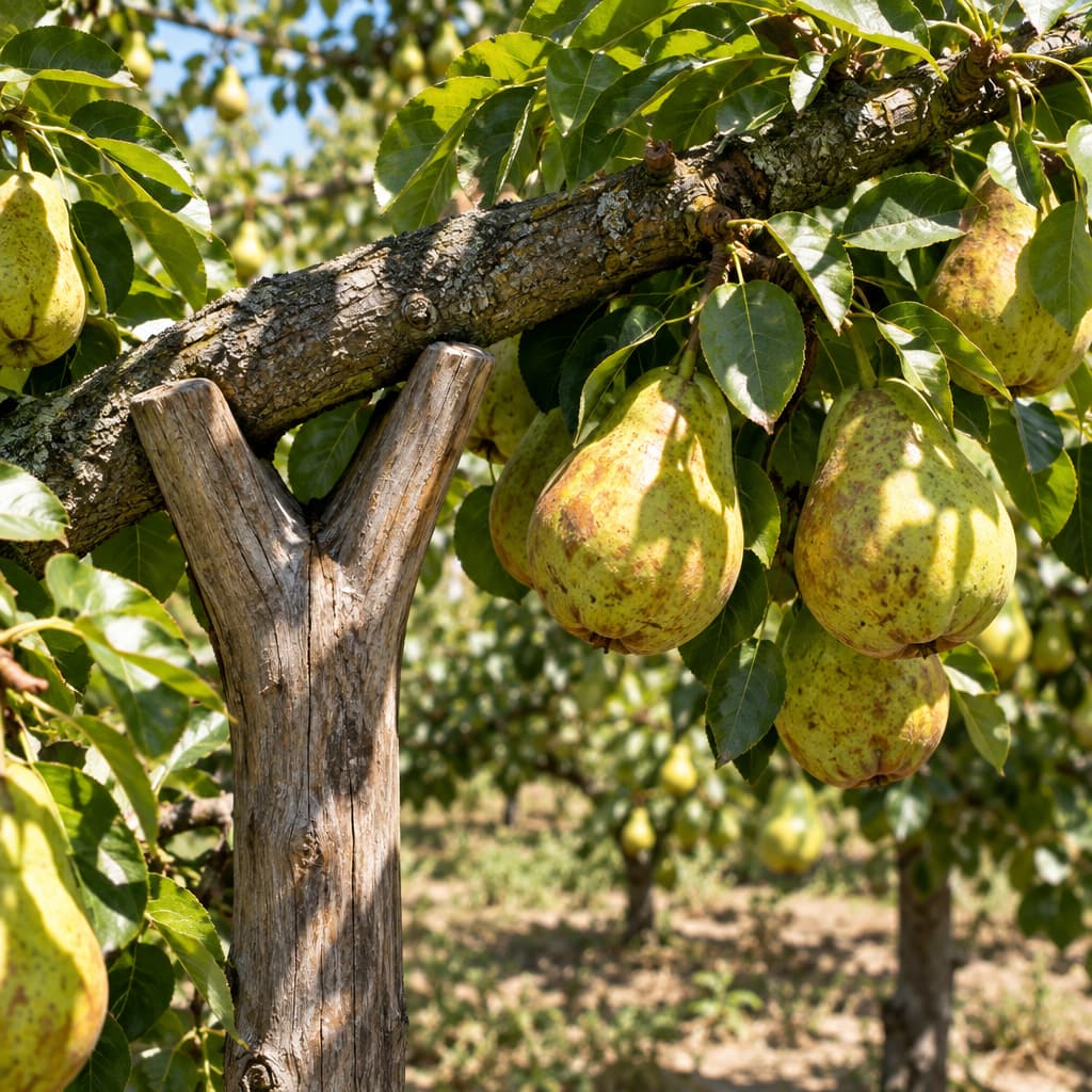 A pear-heavy branch rests in the worn fork of an unpainted wooden prop. Hard afternoon sunlight reveals the bark and wood grain, while ripe pears and green leaves extend beyond the support.