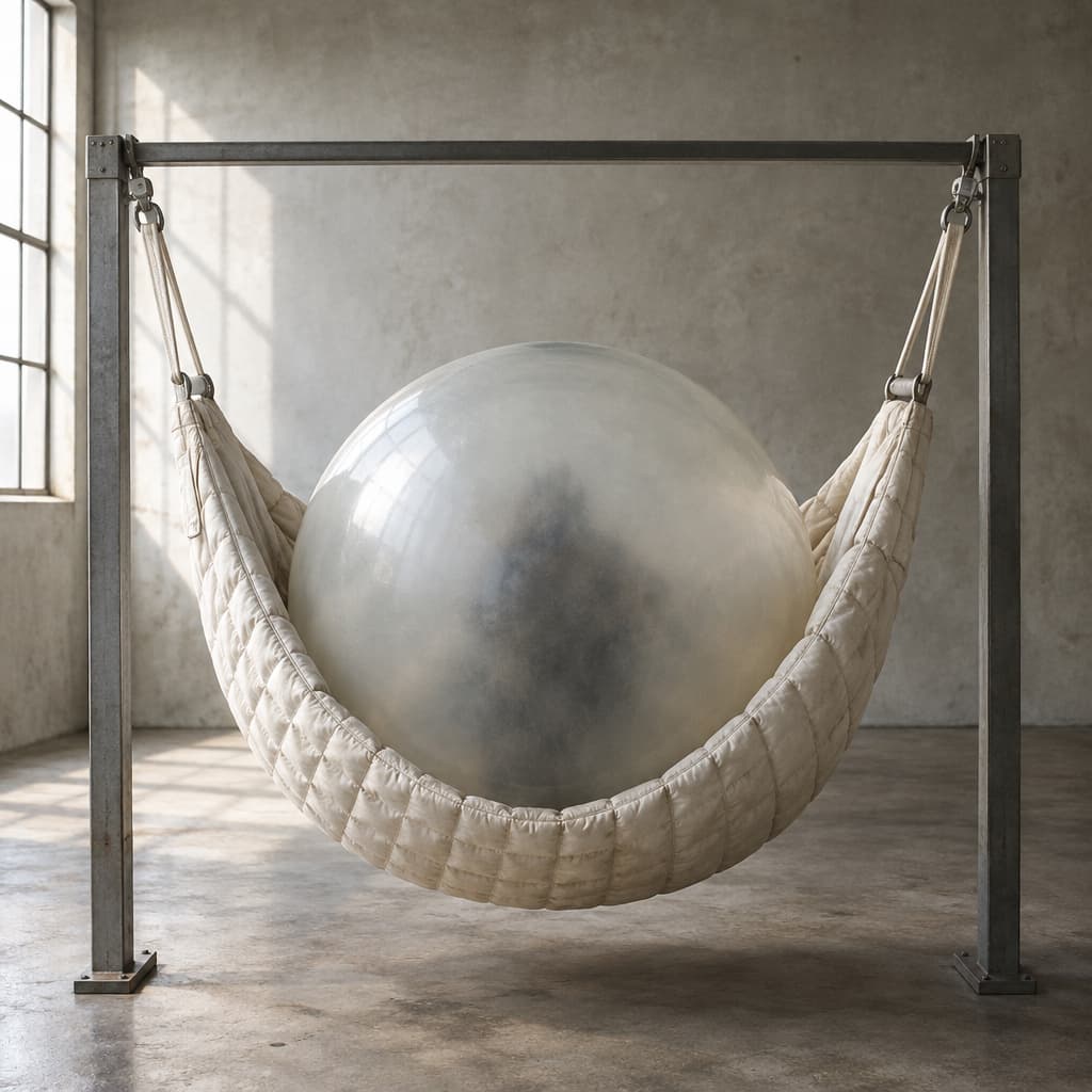 A large, cloudy glass globe rests in a quilted fabric sling suspended just above a workshop floor. An indistinct dark shape remains barely visible inside the glass.