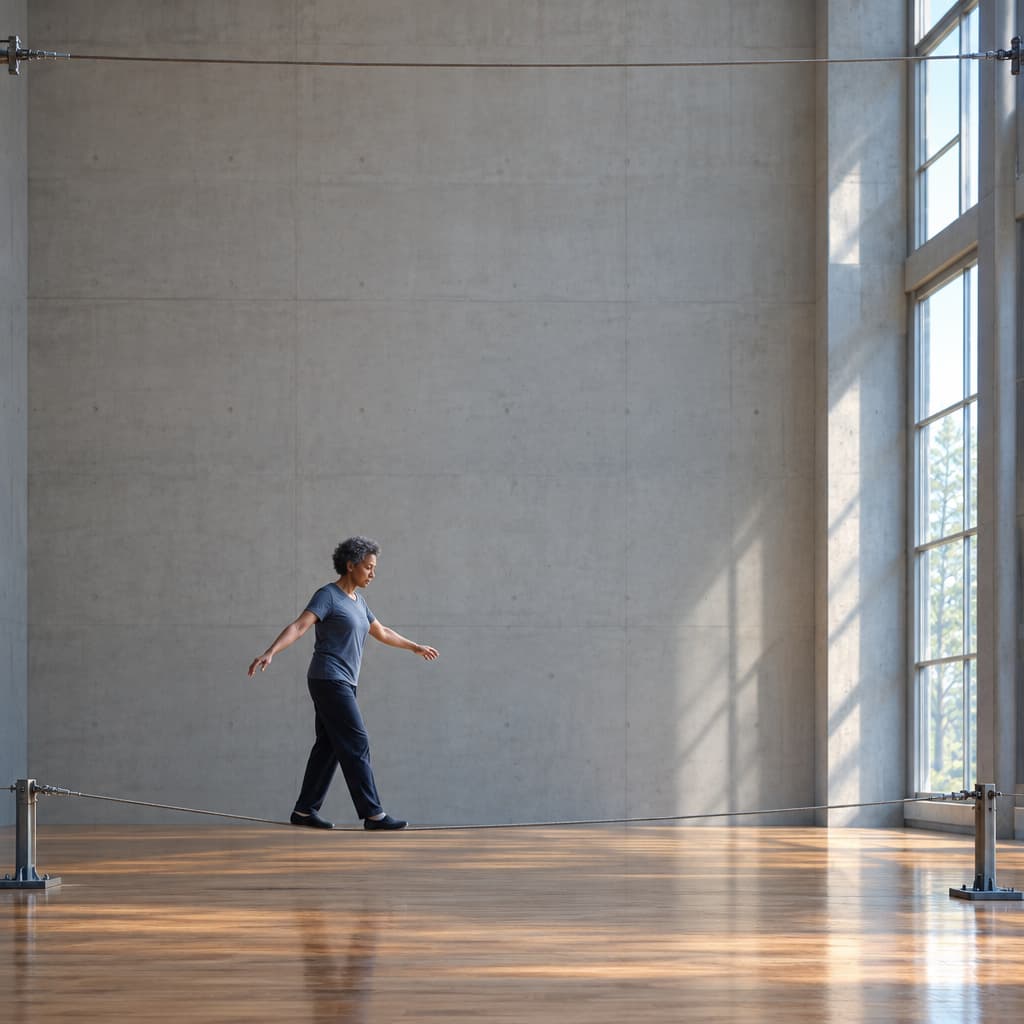 In a towering, empty hall, a woman balances on a taut wire just above the floor. A second, unoccupied wire crosses the same space far overhead.