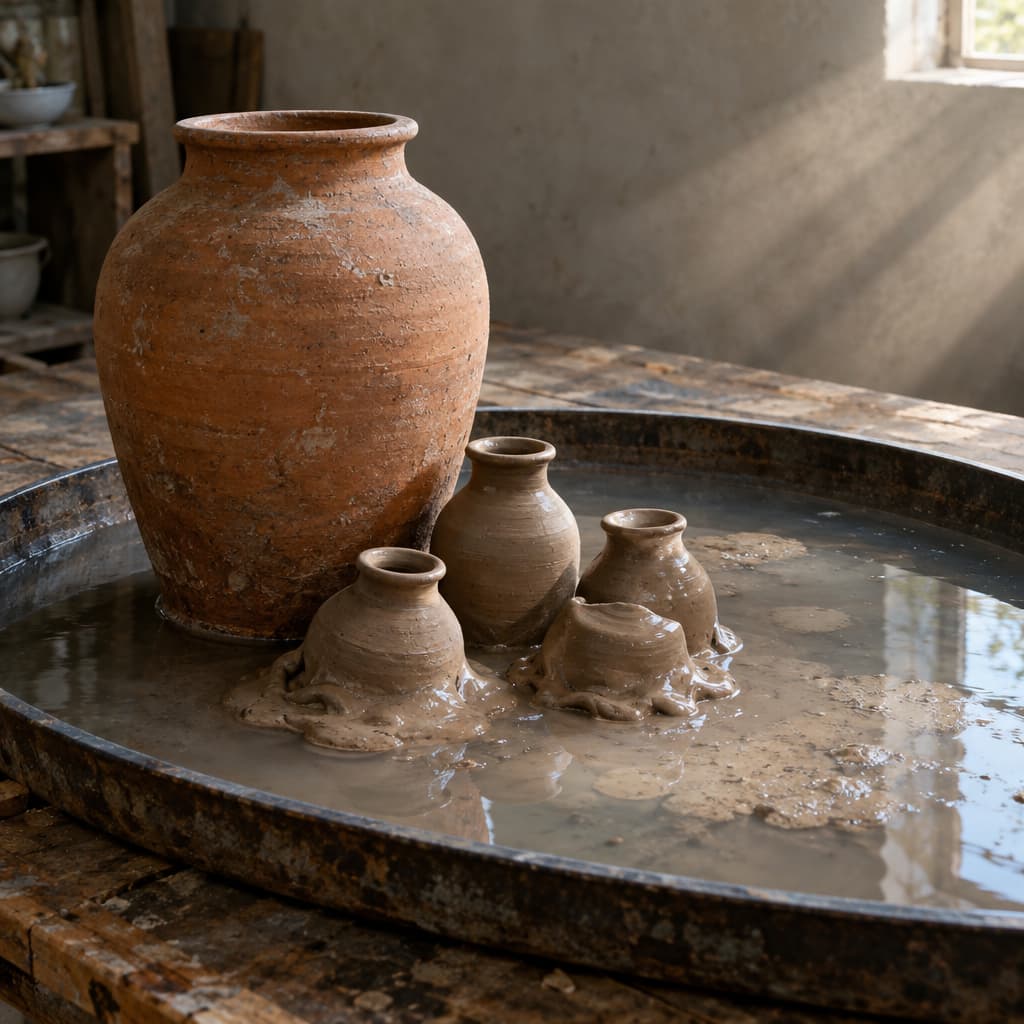 A large fired terracotta jar stands intact in a shallow pool on a workshop table. Beside it, several small, similarly shaped vessels of unfired clay have softened, their walls sagging into the water.