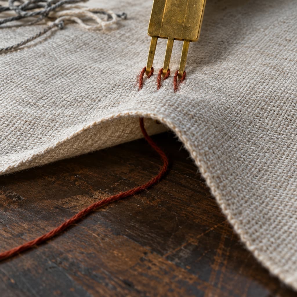 A brass comb lifts three rust-red thread loops from a pale woven cloth. The cloth rises slightly, revealing a much longer continuation of the same thread beneath it.