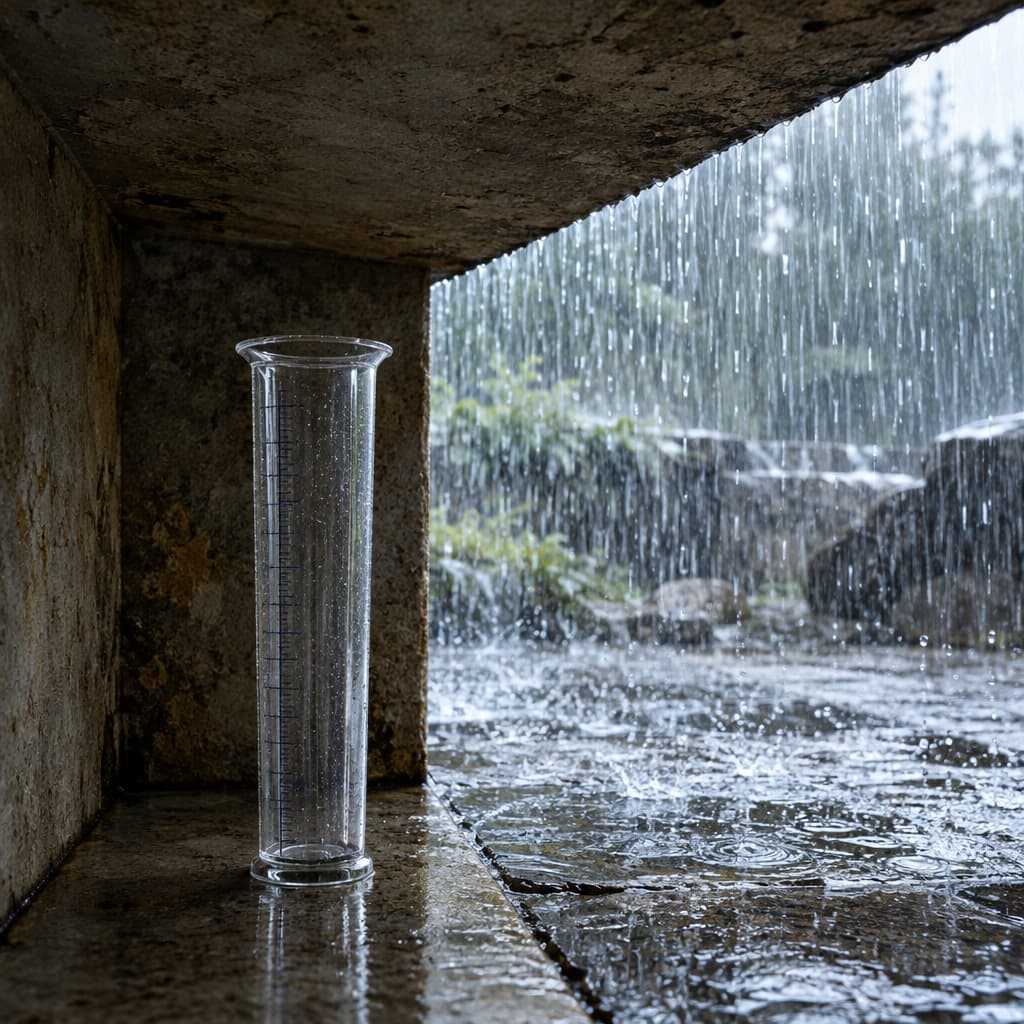An empty transparent rain gauge stands beneath a concrete overhang. Just beyond its open rim, heavy rain falls onto dark, wet stone while the sheltered ground remains dry.