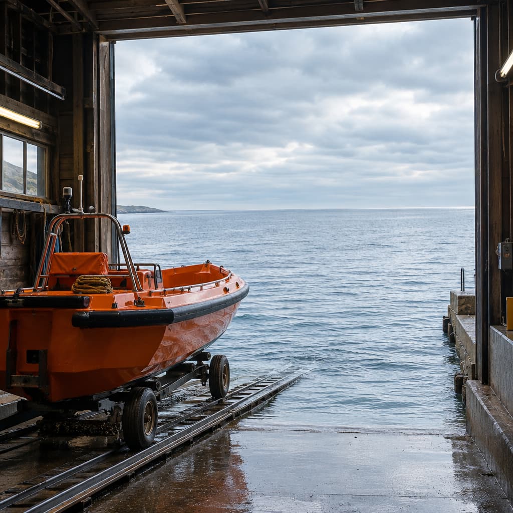 An orange rescue boat rests on a launch cradle inside a cavernous, weathered boathouse. Rails descend beneath its bow into sheltered seawater, while the open doorway frames a vast silver sea.