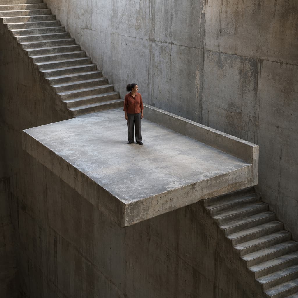 A woman stands on a broad concrete platform extending sideways from one step of a steep staircase. The stairs continue above and below her into shadow; daylight falls across the level space around her.