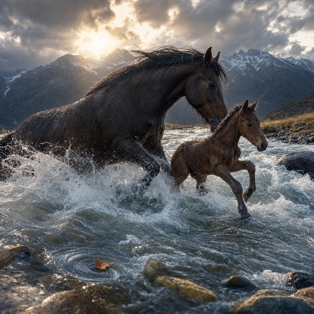 A dark bay mare braces through a fast alpine stream while a lighter foal searches for footing in the reduced current immediately downstream of her, with sunlit spray breaking around them.