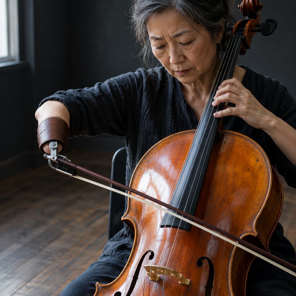 A cellist draws a bow across a honey-colored cello using a fitted leather cuff on her right forearm, which ends above the wrist. Her left fingers press the strings.