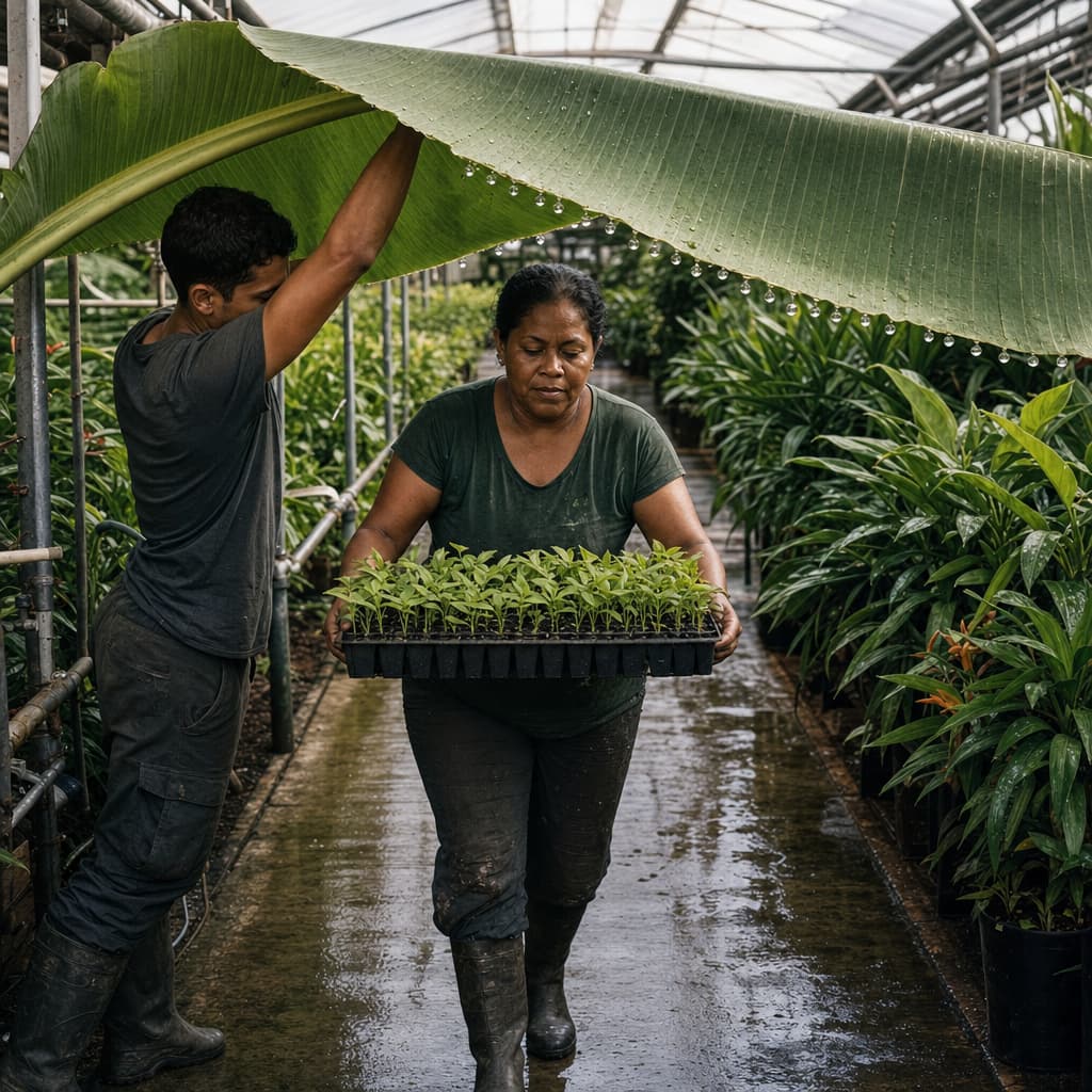 Inside a humid greenhouse, one worker lifts a vast water-heavy banana leaf with a shoulder and forearm just before another worker reaches it carrying a crowded tray of seedlings. The carrier continues forward without looking up as round droplets cling beneath the raised leaf.