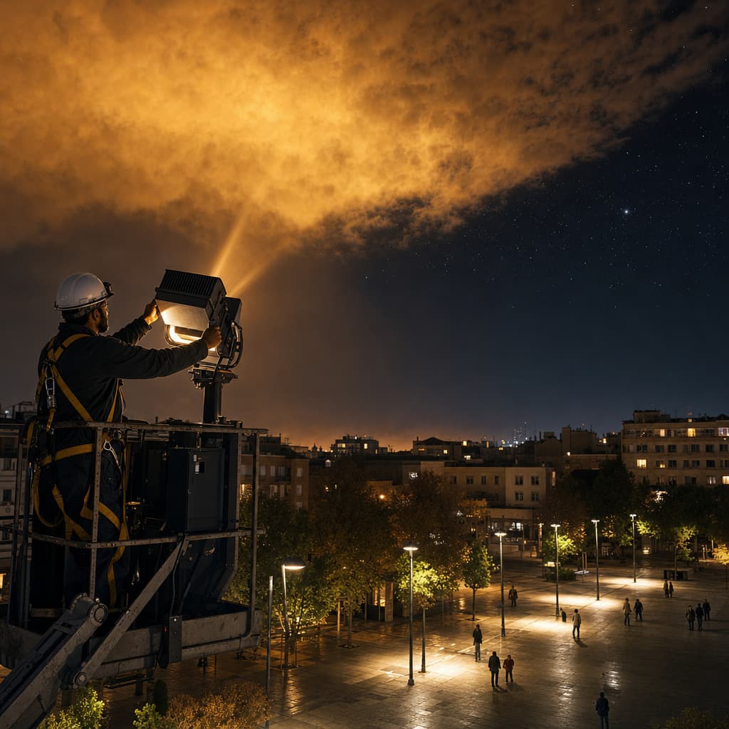 At night, a lighting technician in a raised work platform rotates a misaligned floodlight downward. Its fading amber beam still stains the low clouds above, while neighboring shielded lamps cast clean pools across an active, safely illuminated plaza; several stars are visible beyond the glow.