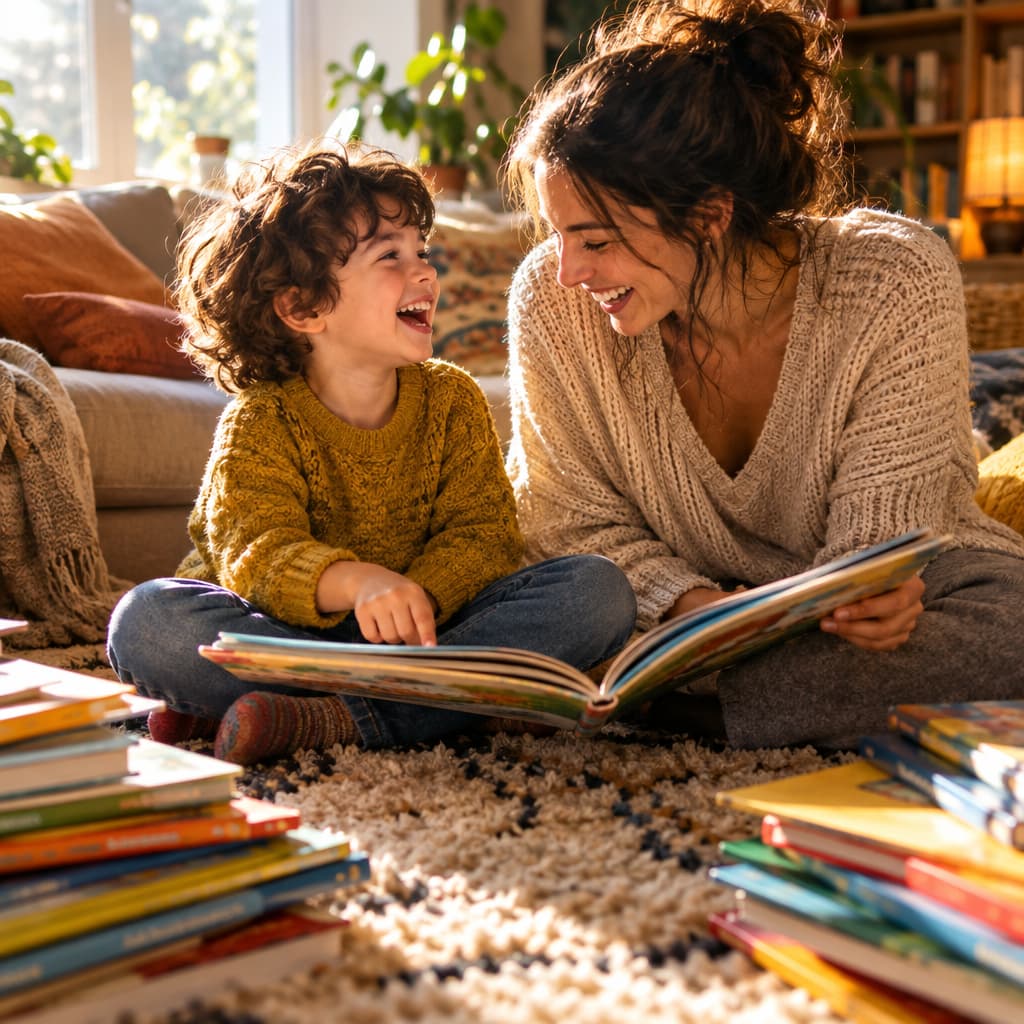A child and caregiver share laughter while reading a book together in a cozy setting.