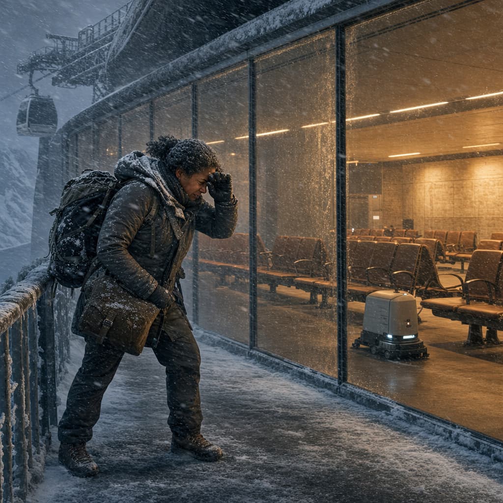 A solitary traveler stands and braces against a mountain blizzard outside a sealed glass cable-car terminal, while rows of empty seats glow in the warm interior.
