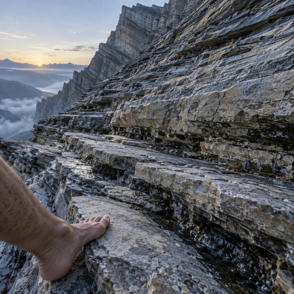 A bare foot meets the first narrow ledge of a steep formation of tilted sedimentary rock layers in the cool light of early morning.