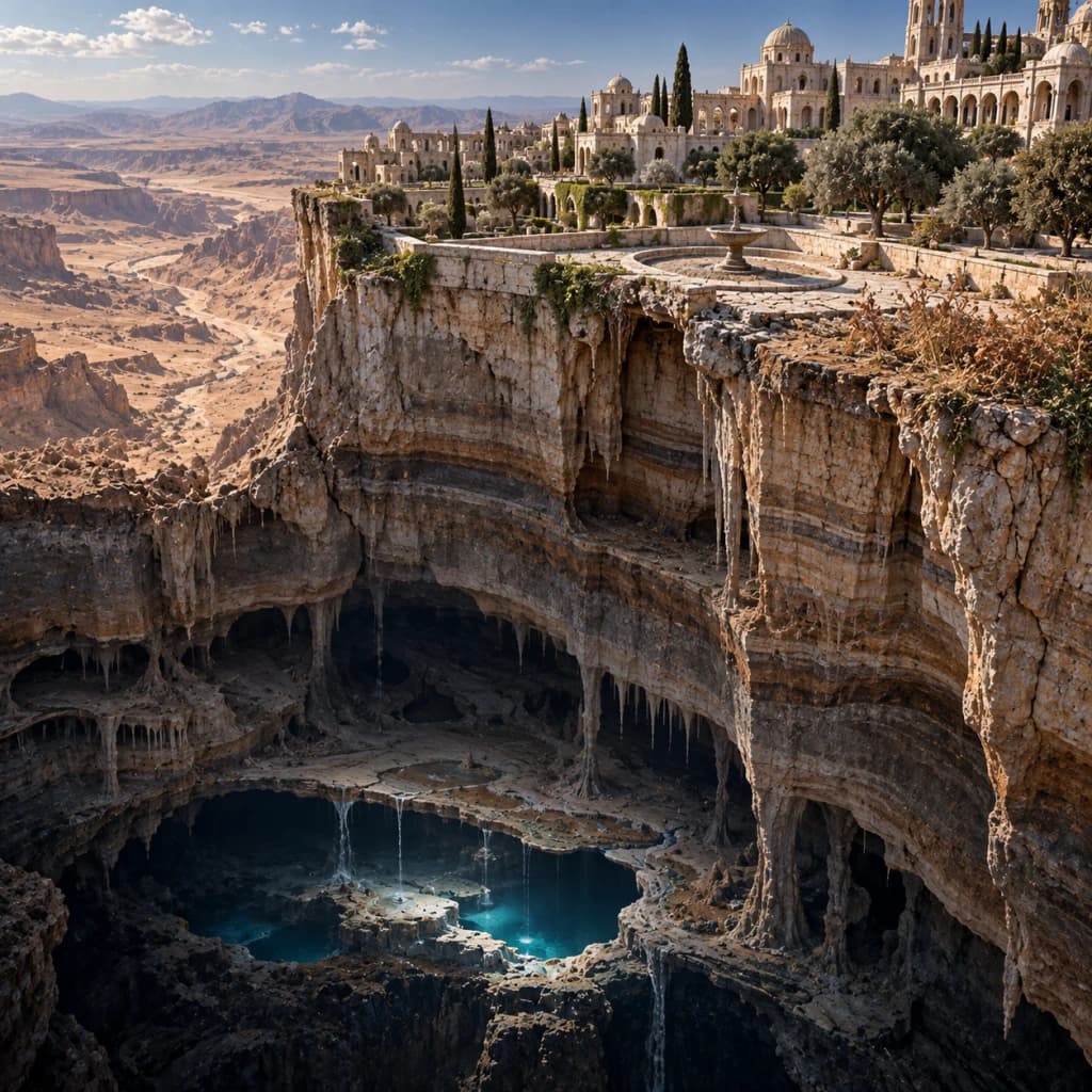 A flourishing pale-stone city crowns a desert cliff while the exposed geology below reveals vast dry caverns and a deeply receded turquoise aquifer.