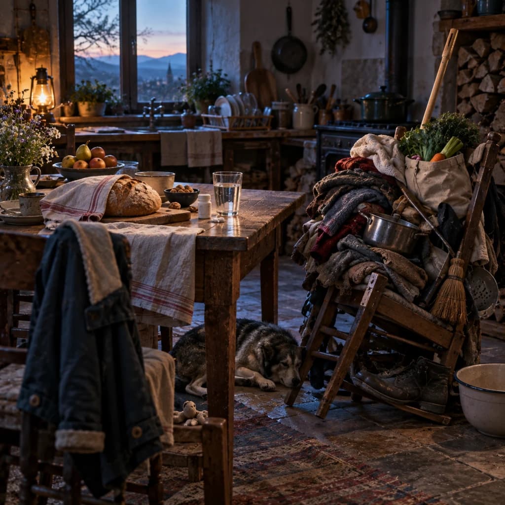 A quiet predawn kitchen is prepared with food, water, firewood and household necessities while one chair is buried beneath the accumulated weight of daily care.