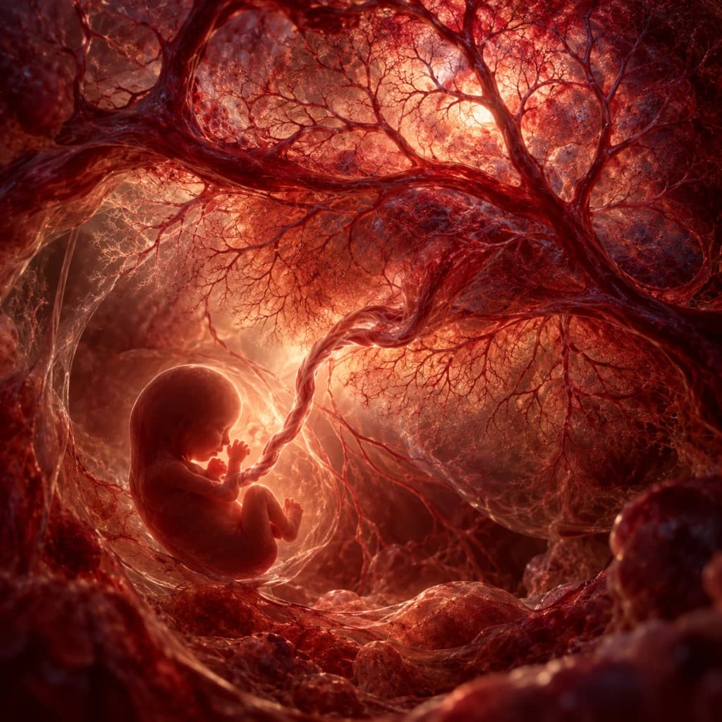 A curled fetus rests within a dark red womb as a dense branching placental vascular network and umbilical cord dominate the surrounding space.