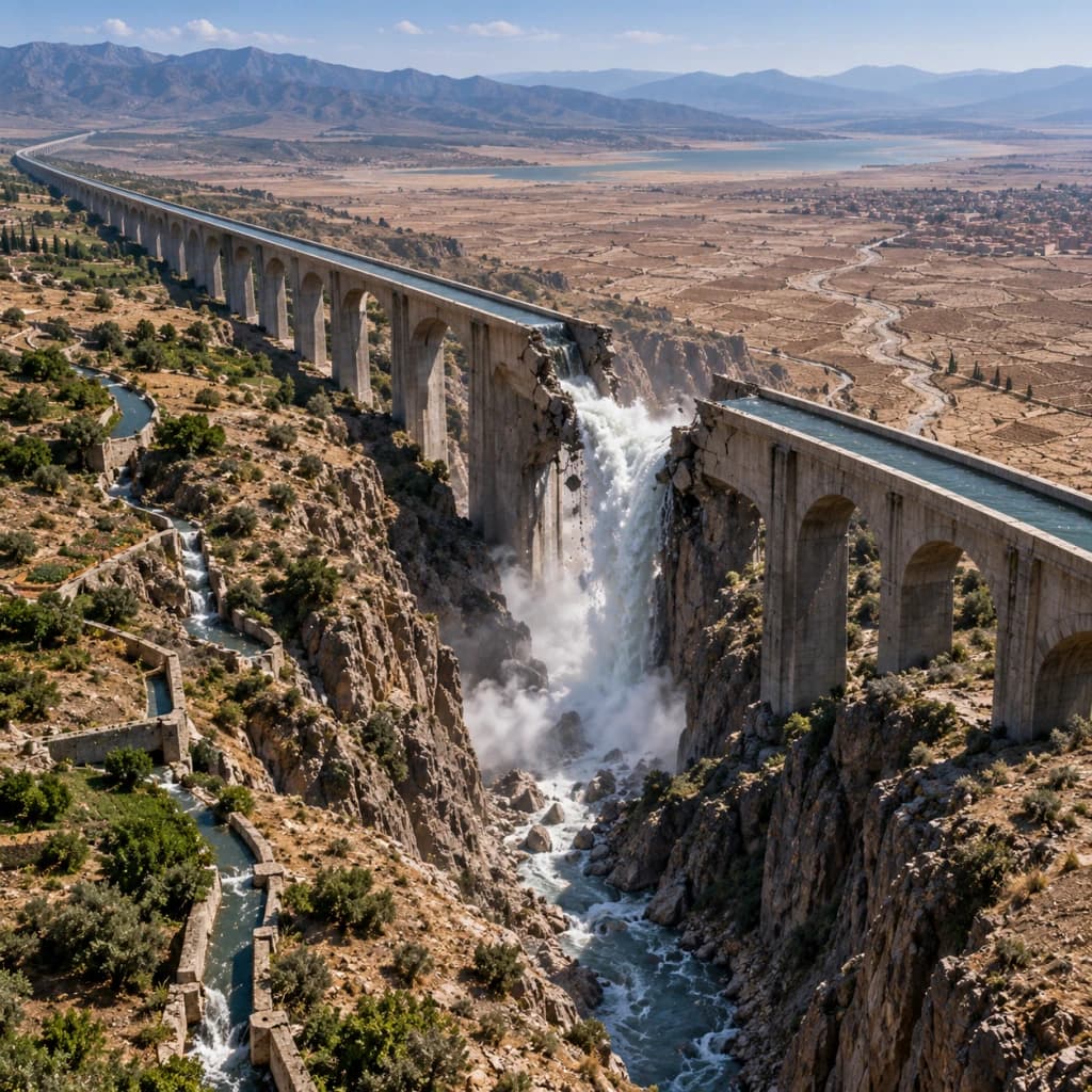 A monumental aqueduct has broken over a desert canyon, spilling its water into the gorge while dry land stretches beyond the failed central span.
