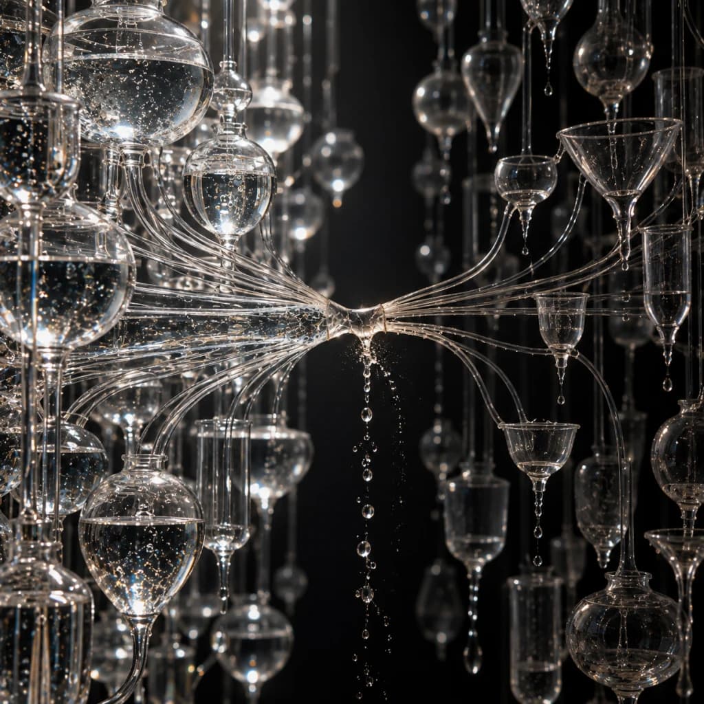 Hundreds of transparent glass vessels and tubes converge on one cracked narrow neck, with water abundant on one side and vessels draining on the other.