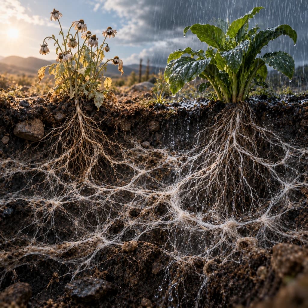 Two visibly different plants rise from contrasting surface conditions while their roots join the same dense white mycelial network beneath the soil.