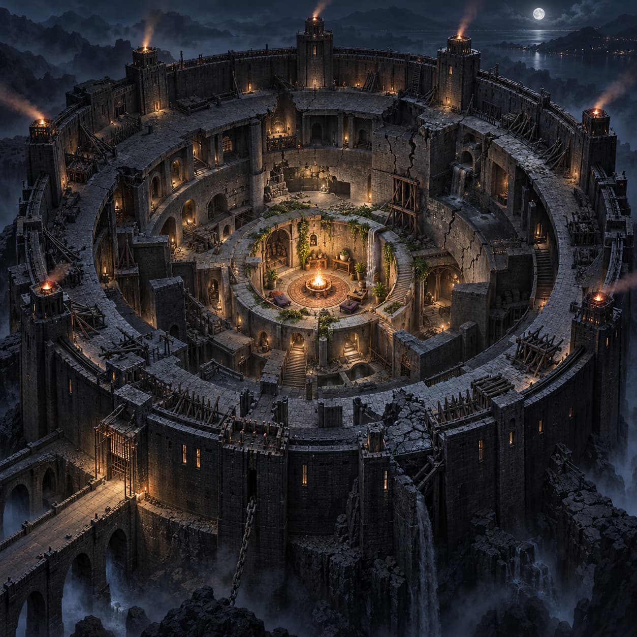 Seen from above at night, an immense circular fortress of concentric defensive rings surrounds a small warm hearth while damaged inner chambers and fractures reveal decay from within.