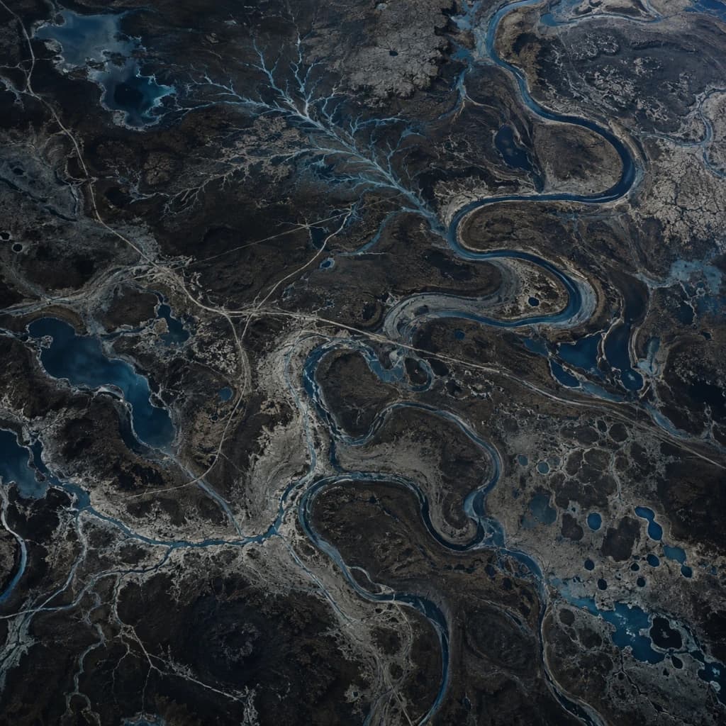An ancient peatland seen from above reveals forgotten channels and buried paths reappearing as deep blue groundwater rises quietly through the dark terrain.