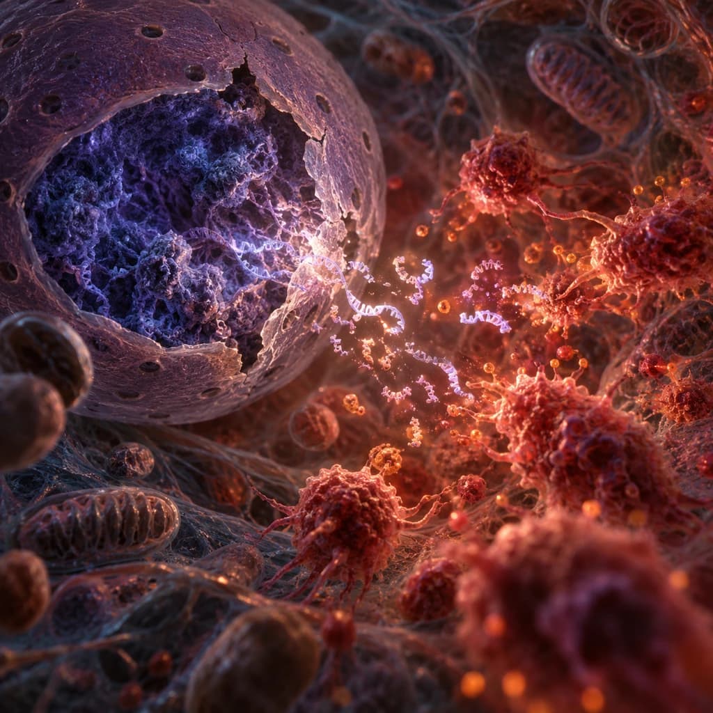 Inside a damaged cell, luminous fragments escape through a rupture in the nucleus while dense red immune activity converges around them.