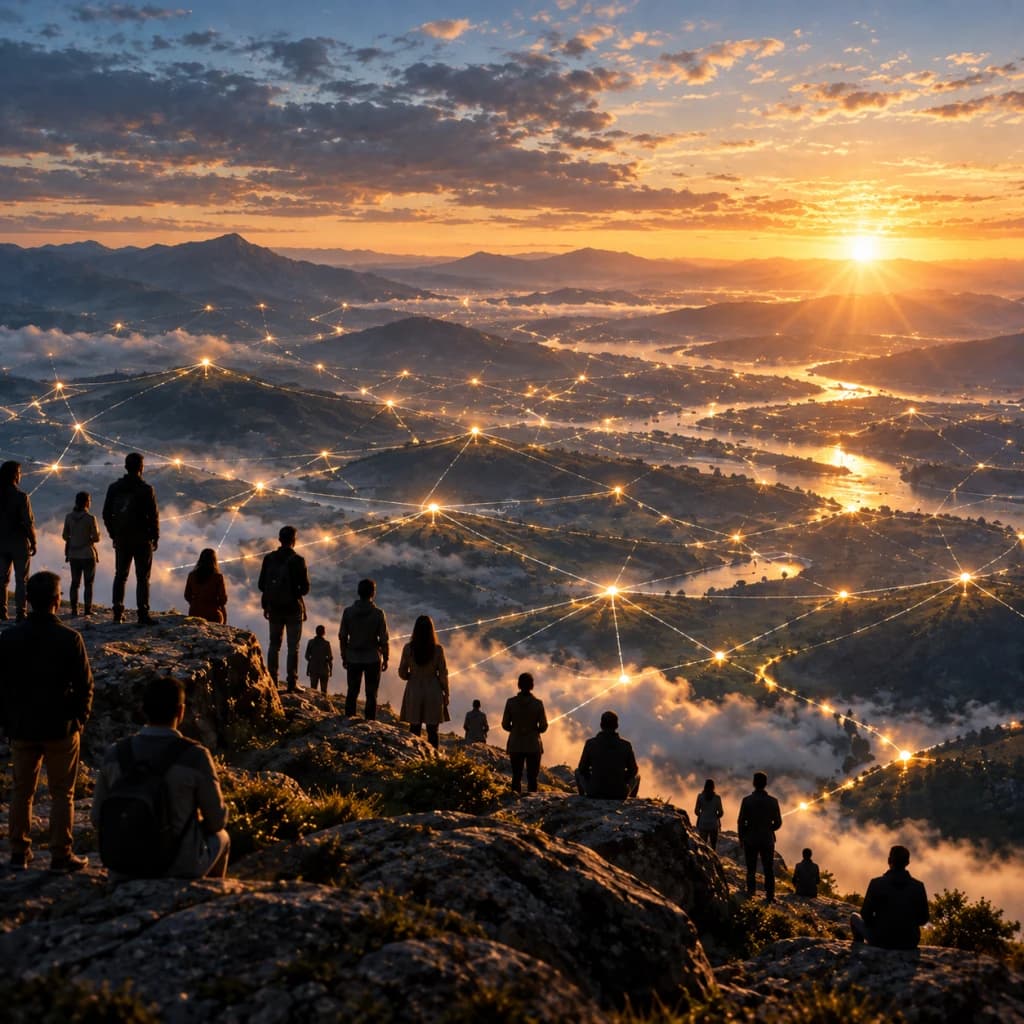 Silhouetted observers overlook a vast sunrise valley crossed by many branching golden paths and points of connection.