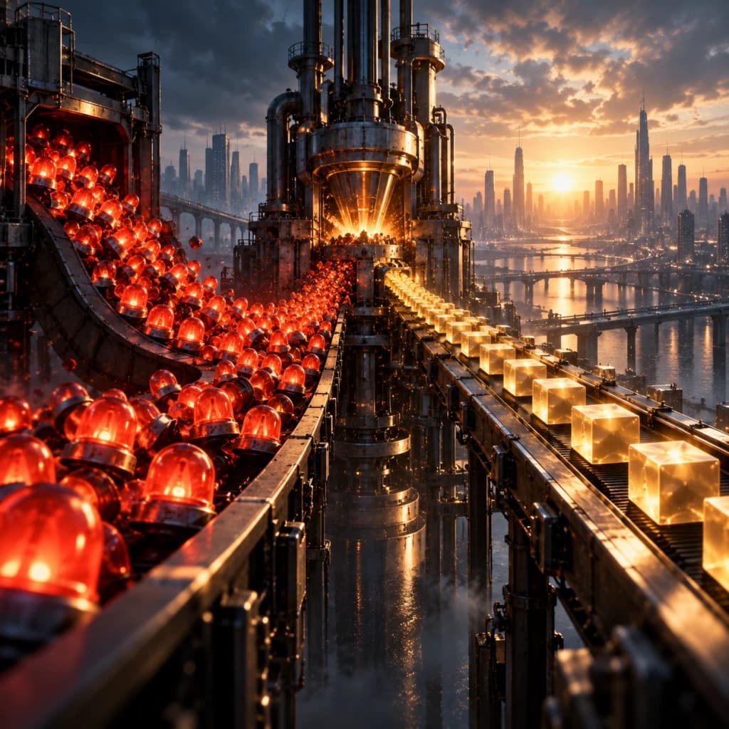 A vast industrial machine receives streams of glowing red alarm beacons and converts them into orderly golden blocks moving toward a distant city.