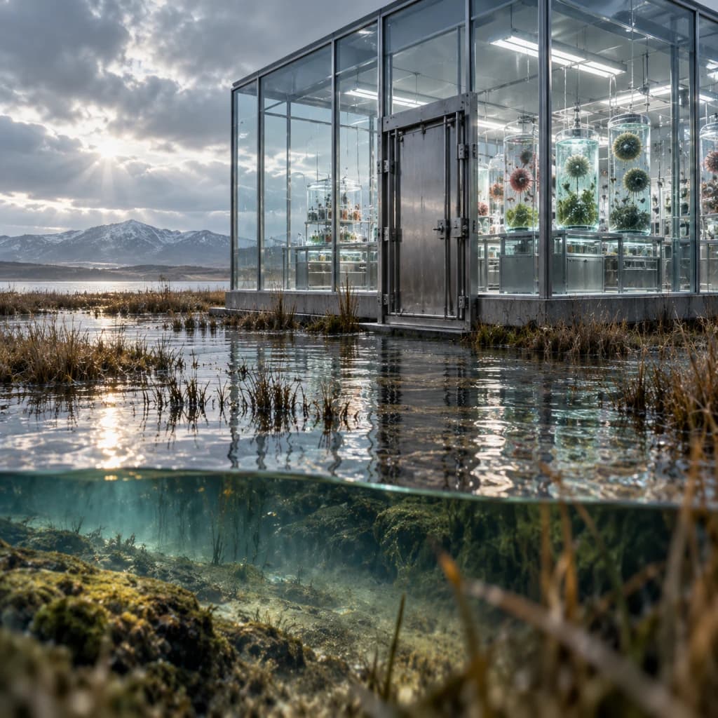 A sealed glass laboratory rises directly from a marsh while wetland water passes beneath its transparent perimeter and illuminated culture vessels fill the interior.