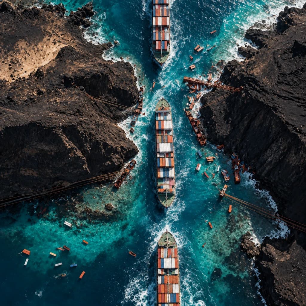 Container ships are compressed into single file through a razor-narrow rocky strait crowded by wreckage, cables and spilled containers.