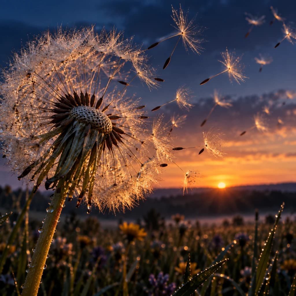A dew-covered dandelion releases its seeds into blue evening air as the last warm sunlight catches each drifting filament above a quiet meadow.