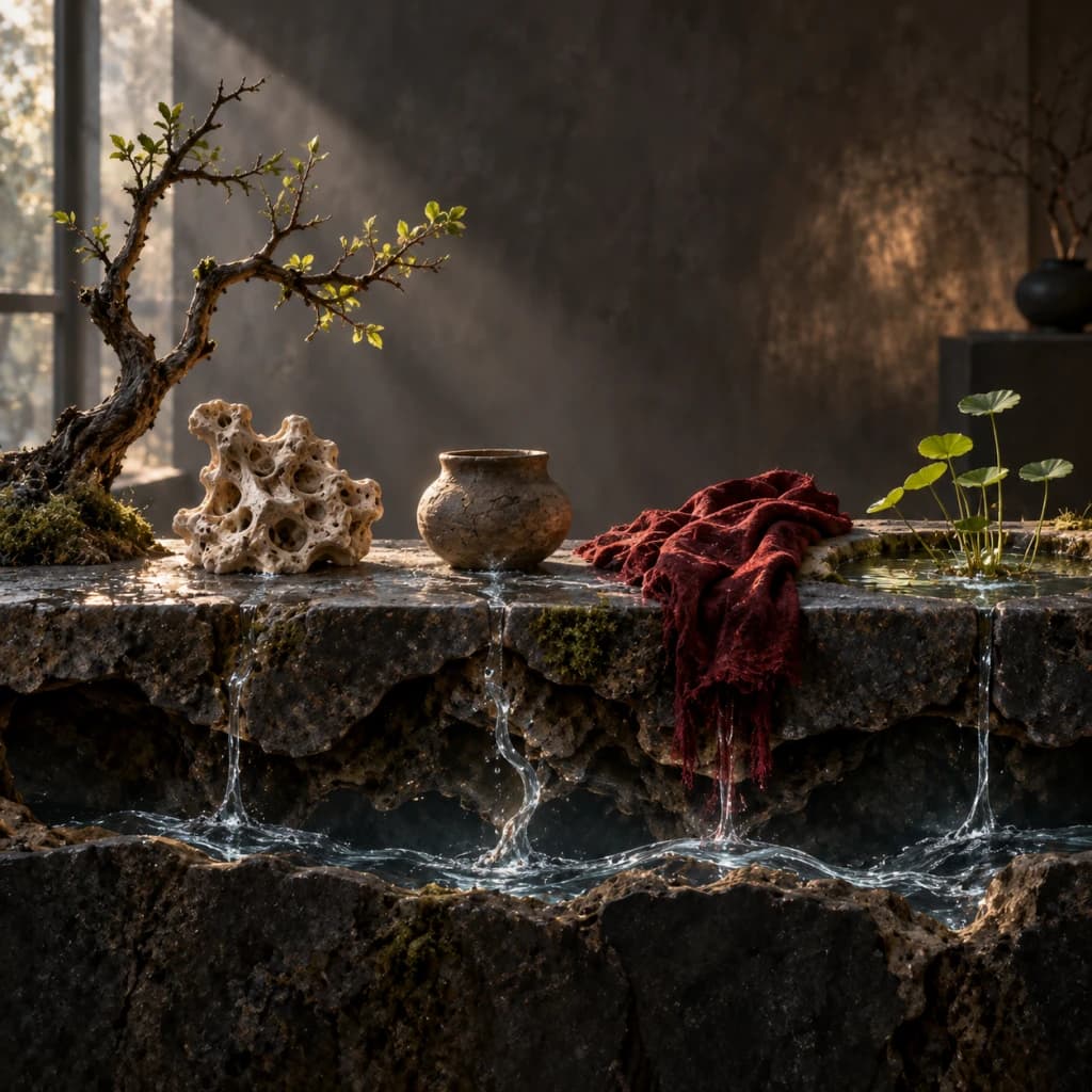 Different natural objects rest above a fractured stone surface while one continuous hidden waterway runs beneath them and rises through branching channels.