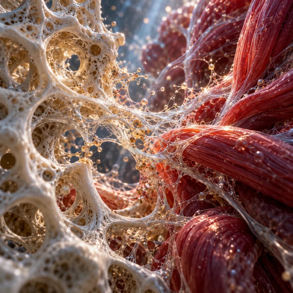 Porous ivory bone lattice and crimson muscle fibers interlock through a shared translucent biological matrix at microscopic scale.