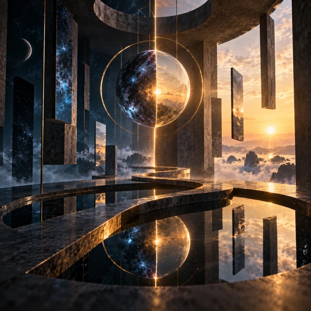 A suspended sphere divided between dark celestial depth and warm radiance hangs above reflective water inside a vast dreamlike temple.