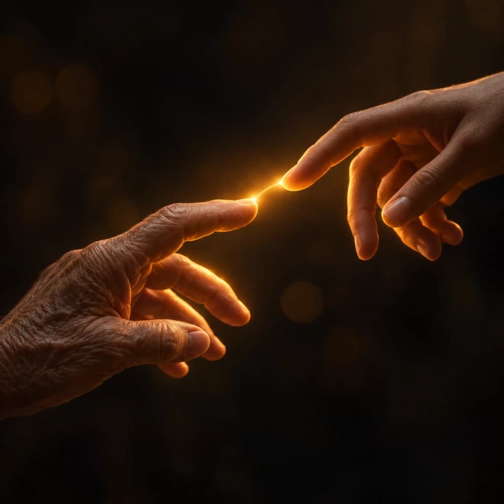 An older hand and a younger hand nearly touch as a short filament of warm golden light carries the connection between their fingertips.