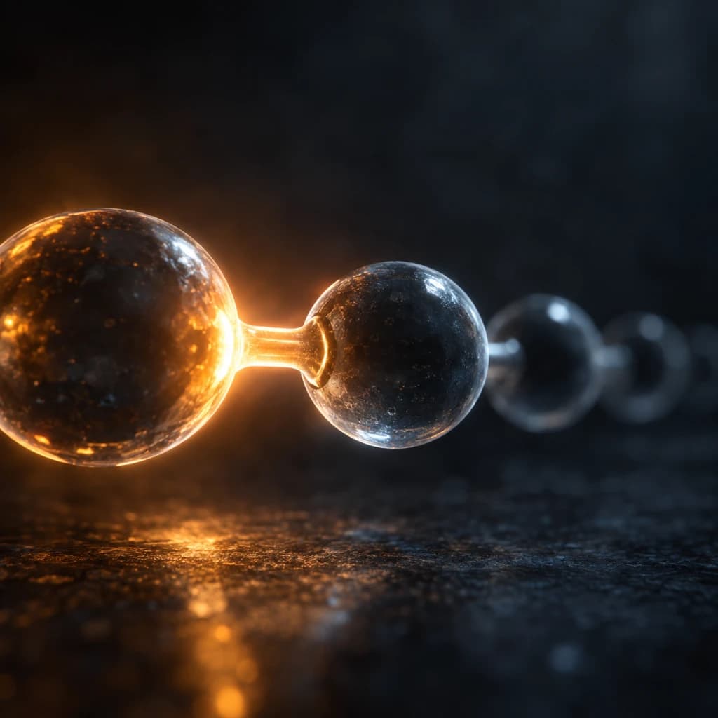A glowing amber bond joins two dark glasslike spheres while a dim chain of spheres recedes into shadow.