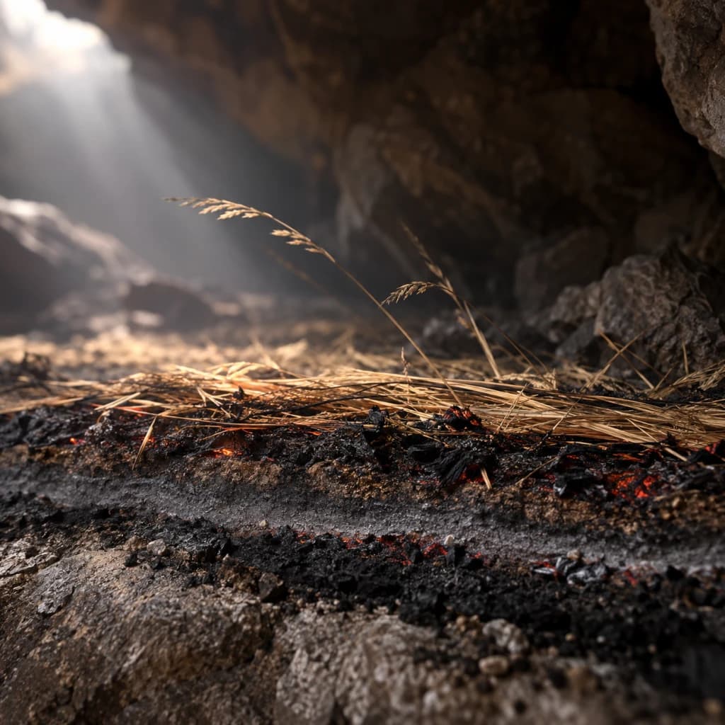 Thin layers of ash and charred golden grass glowing with faint embers on the floor of a dark cave.