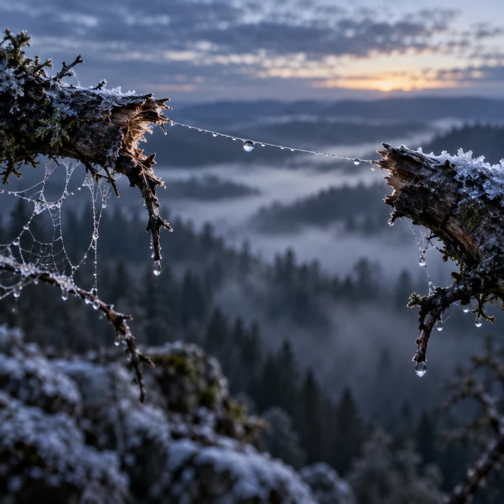 A single dew-strung spider-silk filament remains stretched between two frost-covered broken branches above a misty mountain forest.