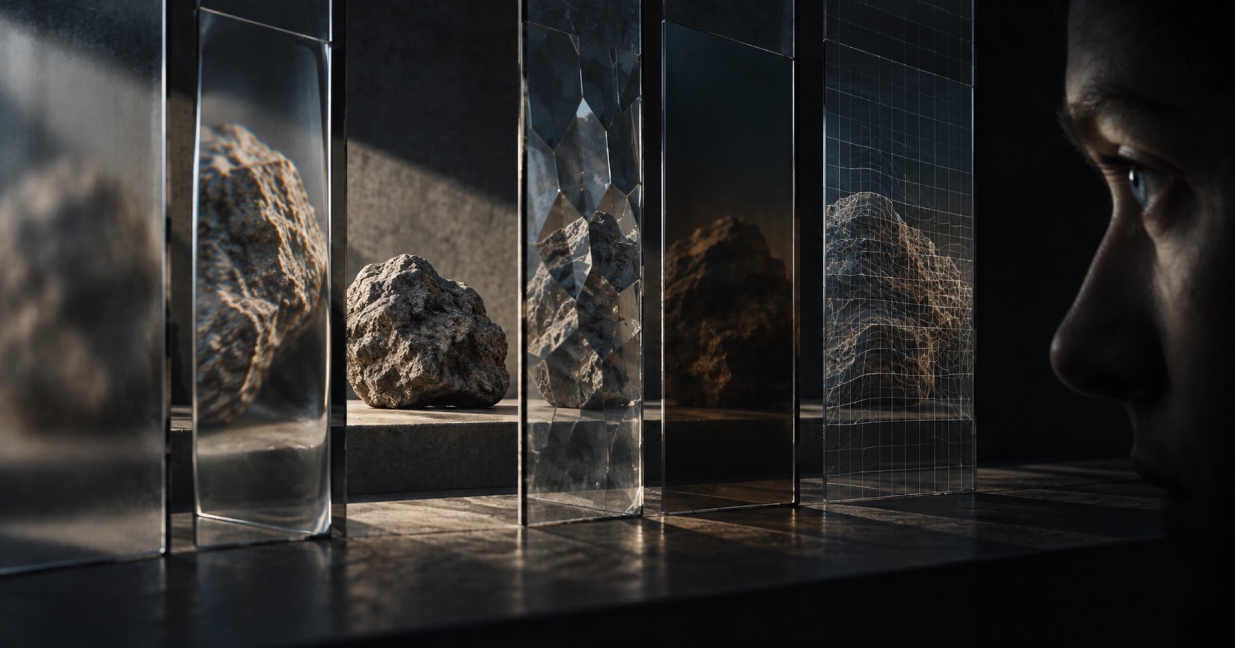 An observer looks through several optical layers at the same stone, each layer producing a different representation while the stone itself remains available to be encountered.