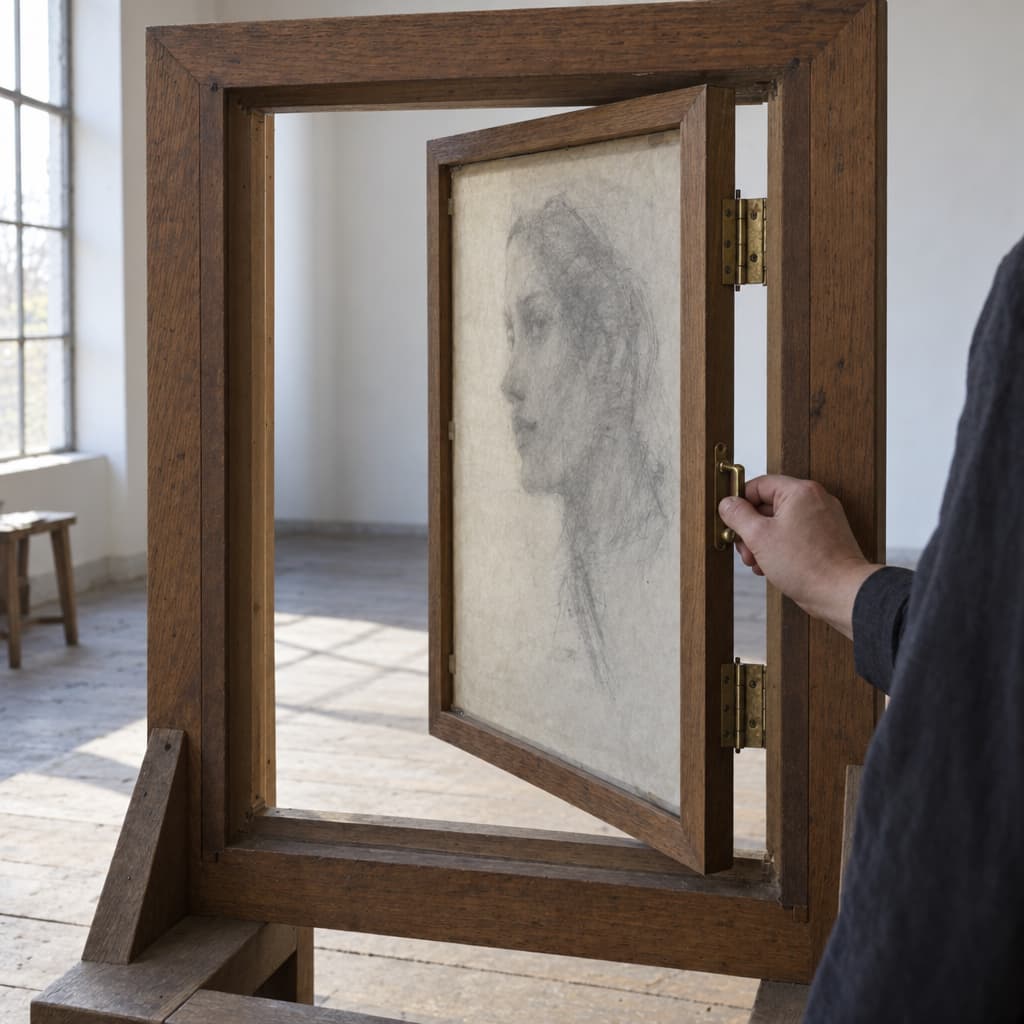 A hand holds the inner handle of a hinged wooden portrait frame. The unfinished charcoal face is visible through translucent paper as the panel opens onto a sunlit room.