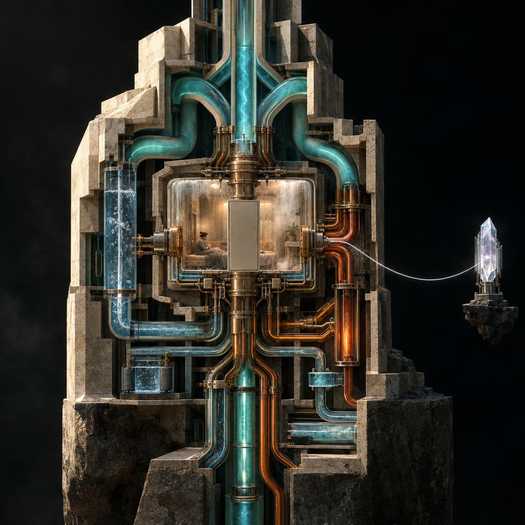 A surreal cutaway building surrounds a single sealed chamber, with its door lock transformed into a manifold carrying air, water, care, alarms, and evidence between the occupant and the outside world.