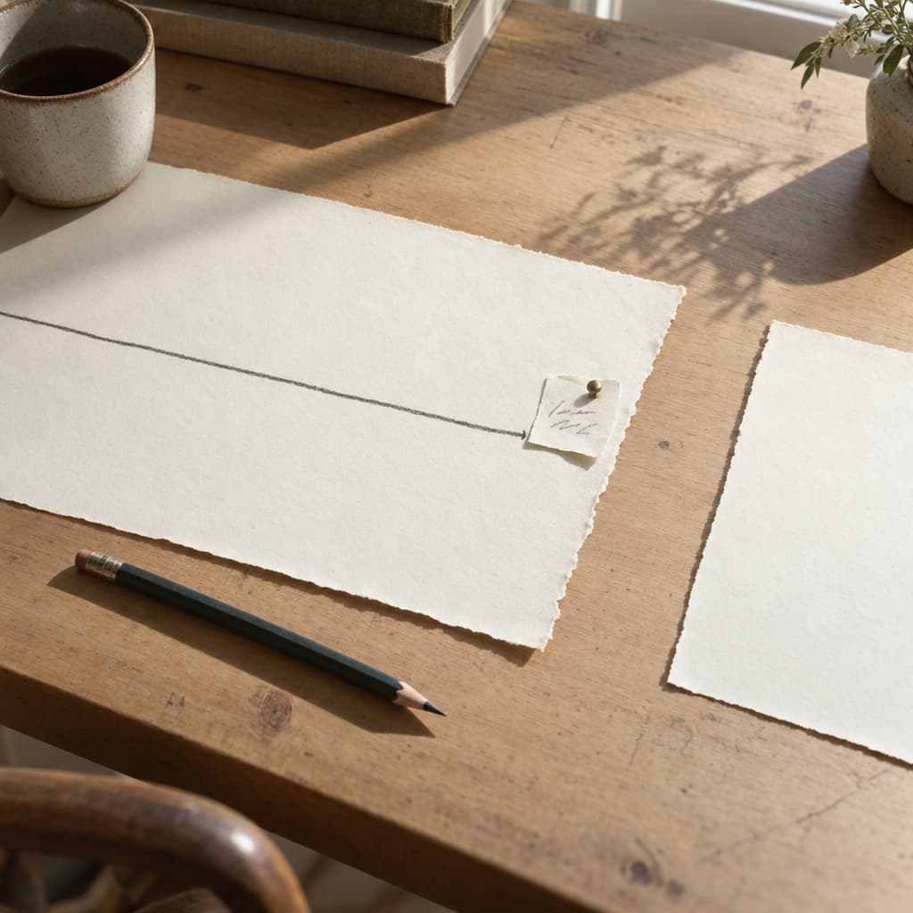 Two separated sheets of ivory paper on a wooden desk. A graphite line stops at the torn edge of the larger sheet, beside a pinned correction slip and a pencil.