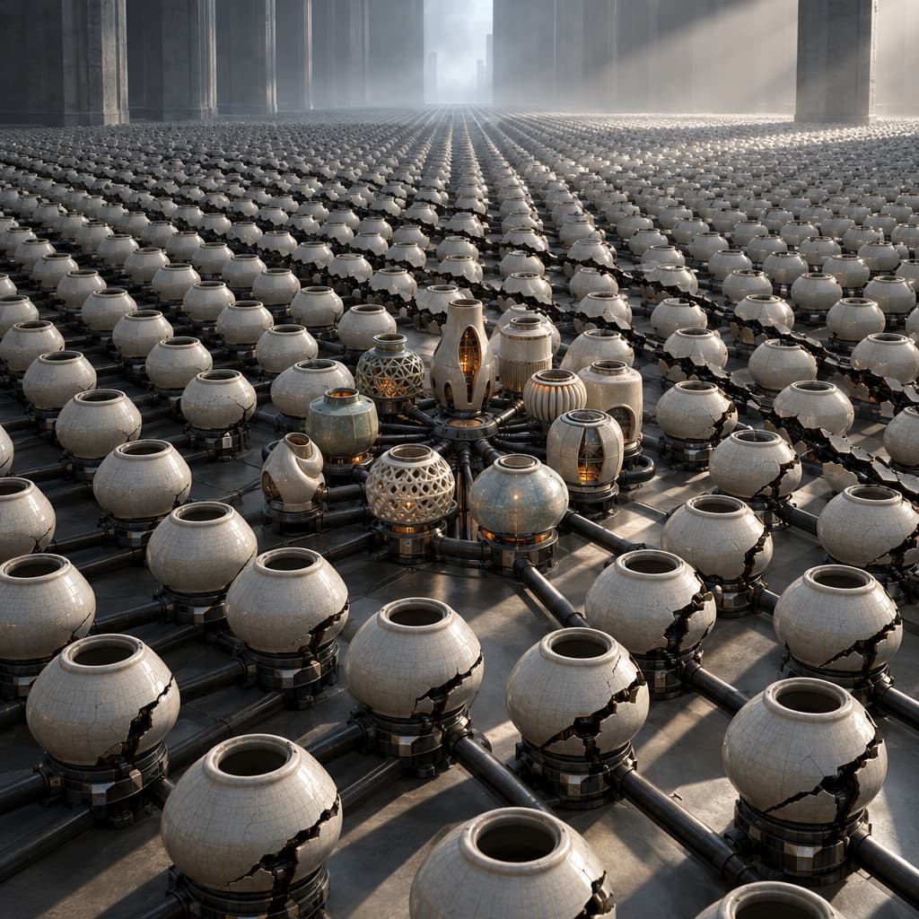 A field of identical ceramic mechanisms fractures along the same seam while a connected cluster of varied designs remains intact and interrupts the failure.