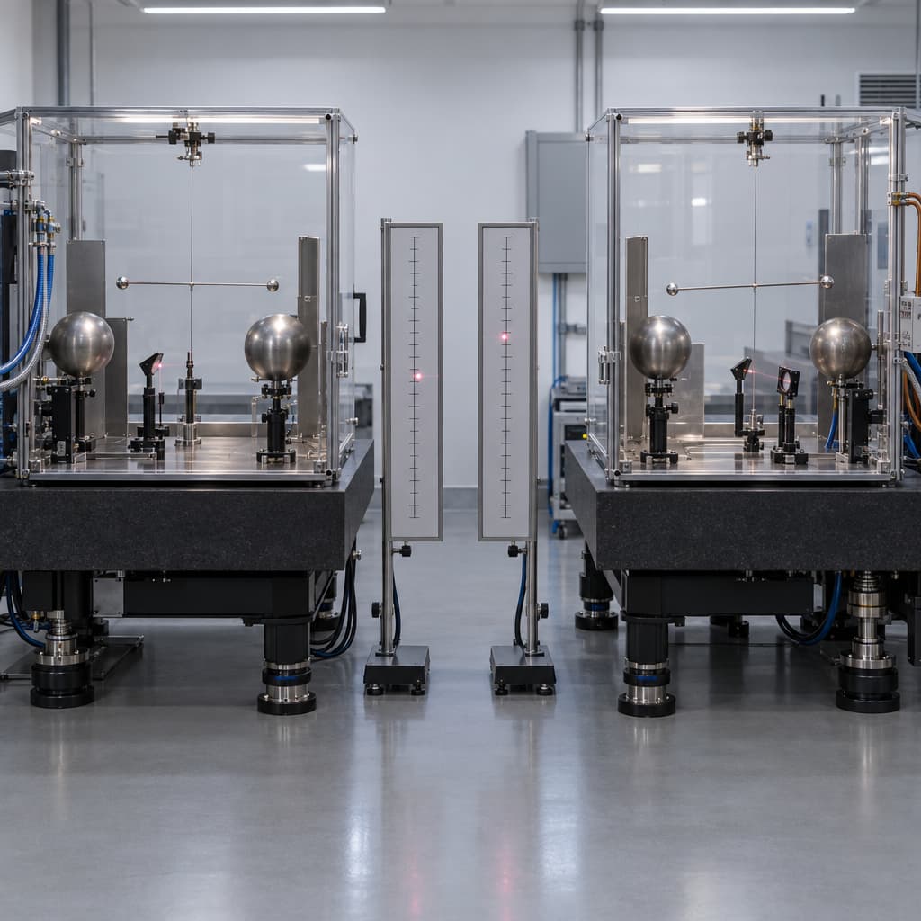 Two enclosed torsion balances register slightly different deflections in a quiet precision laboratory.