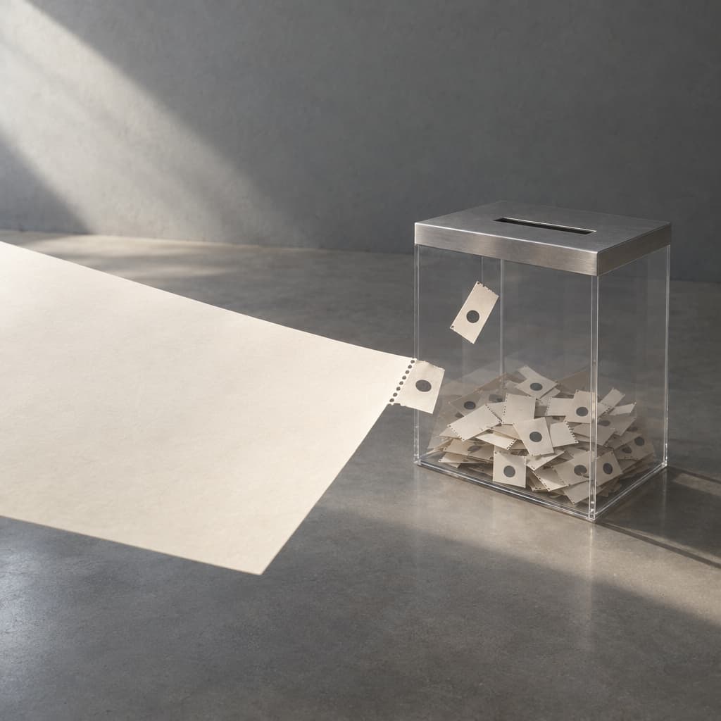 A small marked voting tab separates from a much larger cream sheet and falls into a transparent ballot box filled only with similar tabs.
