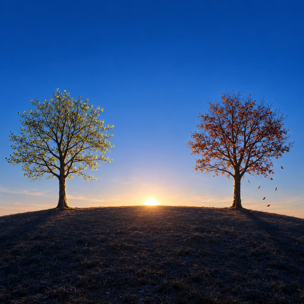 One low sun lights two trees on the same curved ridge: one opening into spring, the other releasing autumn leaves.