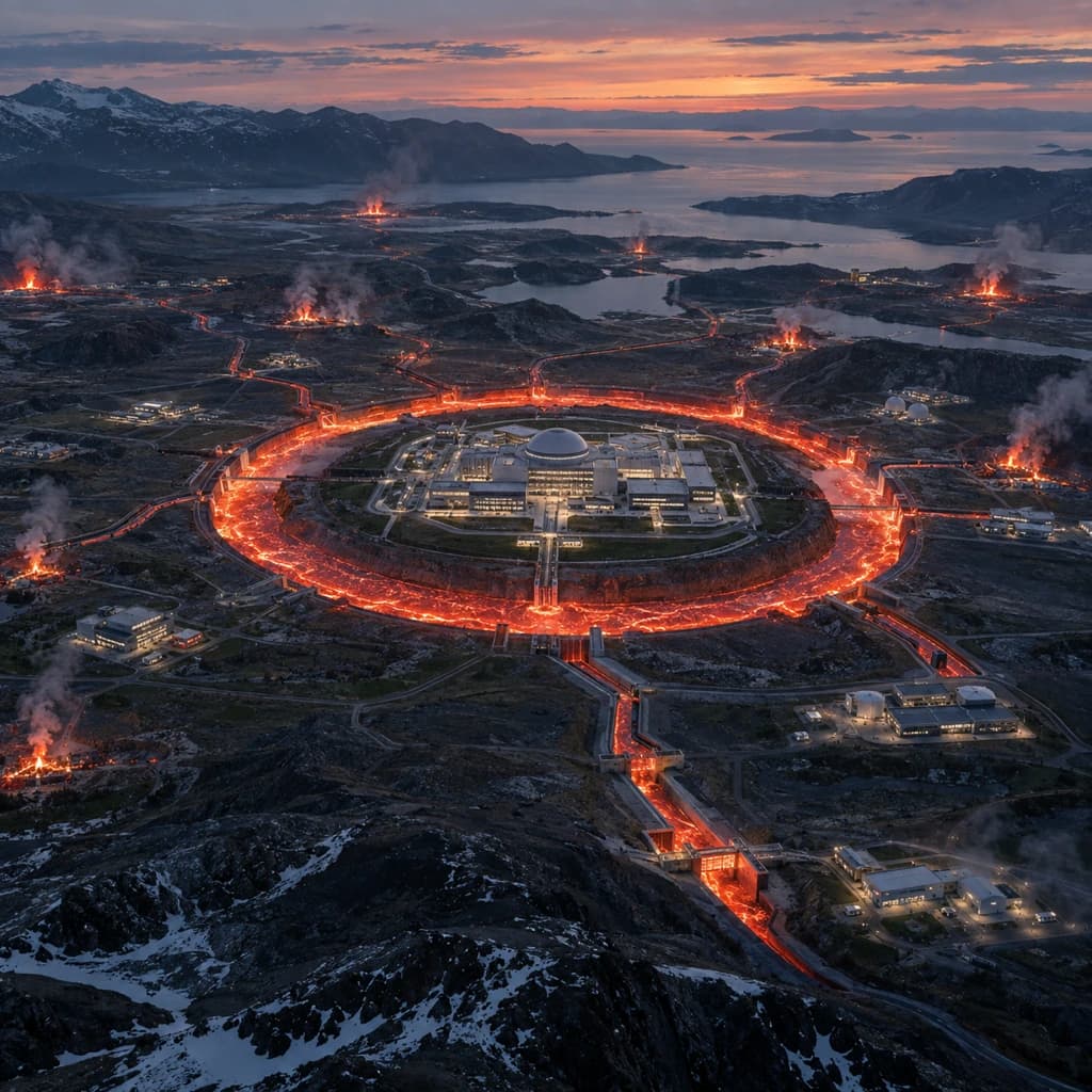 An isolated research facility in a frozen Arctic landscape is encircled by a continuous glowing ring of molten lava, viewed from high above.